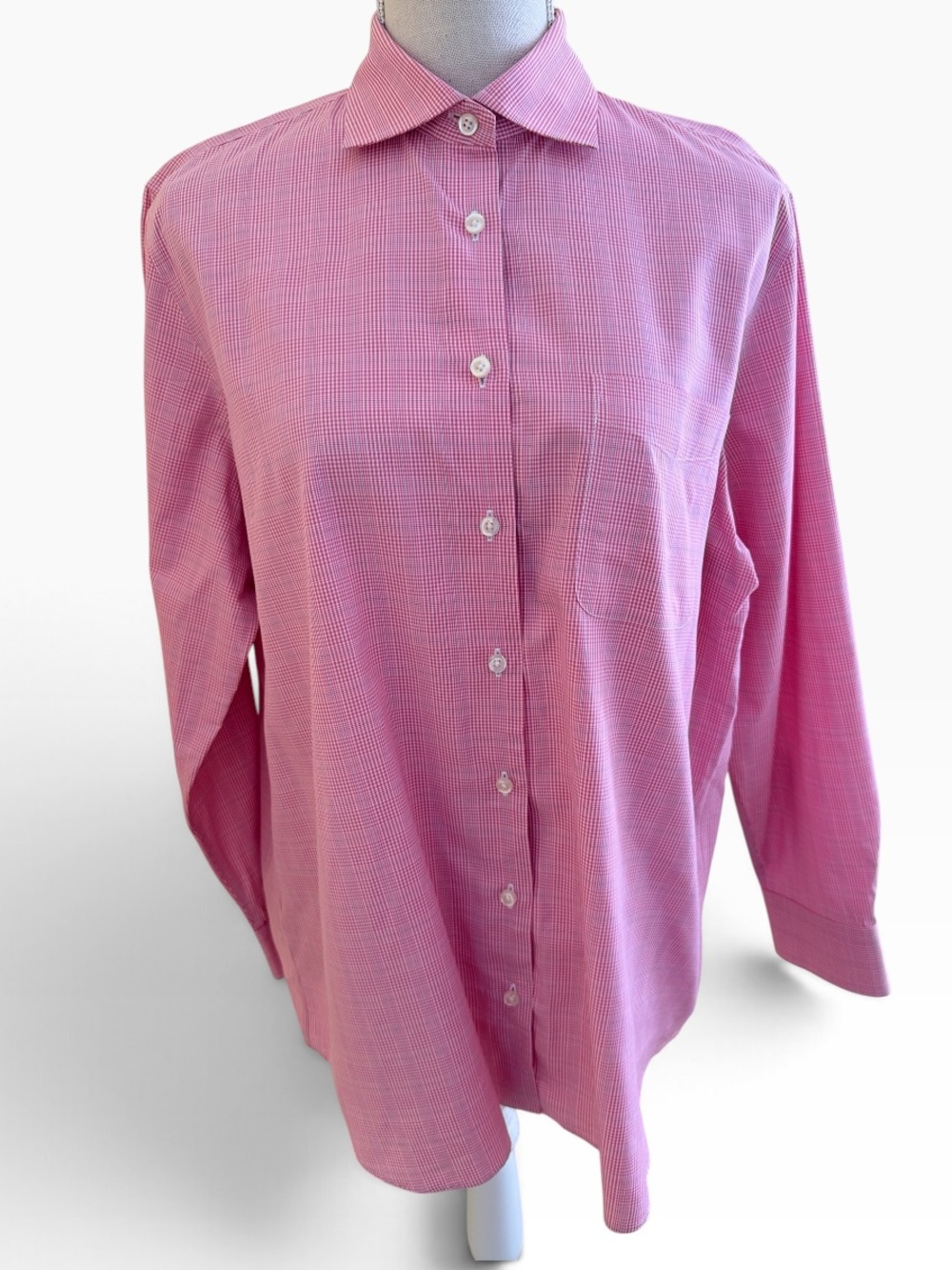 Lands' End Pink/White/Blue Plaid Cotton No-Iron Broadcloth Button-Down Shirt 14